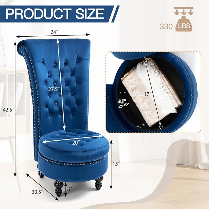 AVAWING High Back Throne Chair Velvet Armless Royal Accent Chair w/Storage Nailhead Trim &amp Rubberwood Legs for Living Room &amp Bedroom Blue