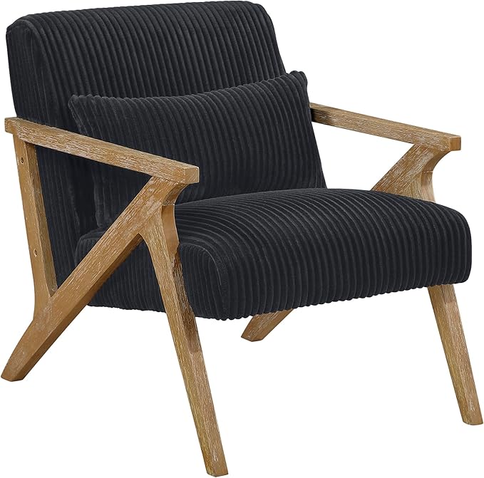 Lexicon Mid Century Modern Accent-Chair with Lumbar Pillow Brown Solid Wood Frame Comfy Corduroy Upholstered Lounge Arm Chair for Living Room/Bedroom/Office/Reading Nook Assembly Required Black