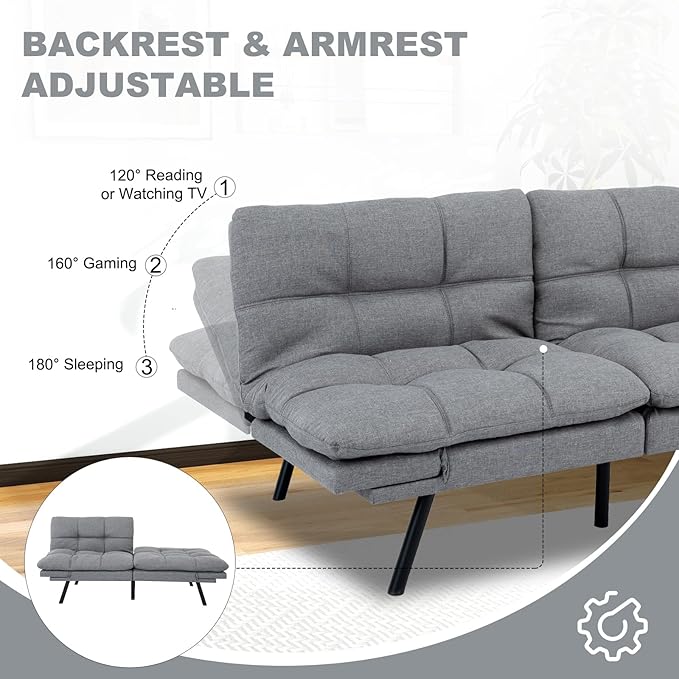 MUUEGM Futon Sofa Bed Convertible CouchMemory Foam Futon Sofa CouchSleeper Futons Sofa CouchesSmall Splitback Modern Loveseat Sofa Bed for Living RoomOfficeApartmentLinen FabricLight Gray.