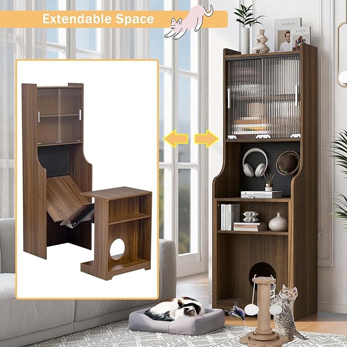 Folding Out Desk with Storage Expandable Hidden Desk Space-Saving Pull Out Murphy Table Writing Table with Shelves and Free Cat Bed for Home Office Bedroom Dorm Room Small Spaces (Walnut..)