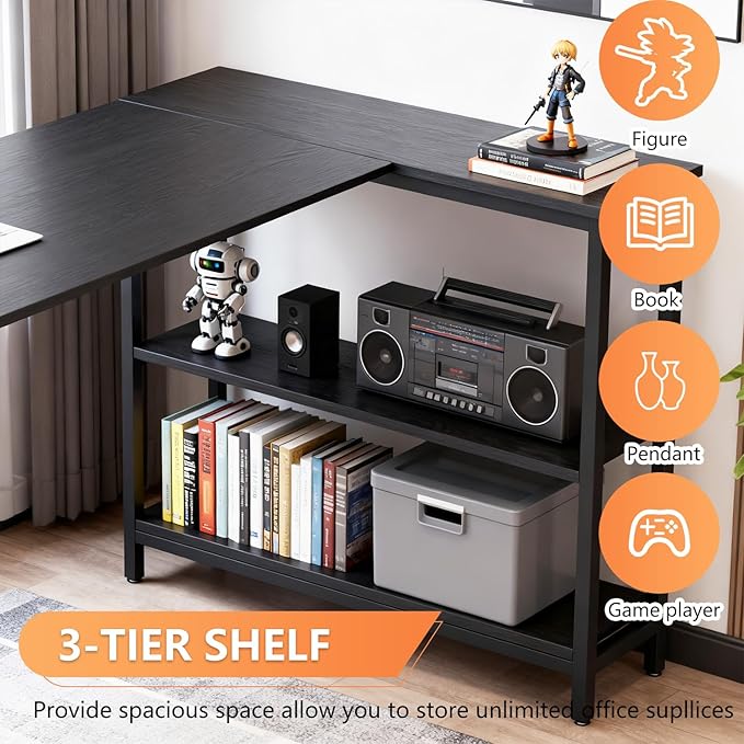 FDW L-Shaped Gaming Desk 43 Inch Computer Desk Corner Desks with Reversible Side Storage Shelves Study Desk Metal Frame PC Work Table for Home Office Dorm Sturdy Writing WorkstationBlack