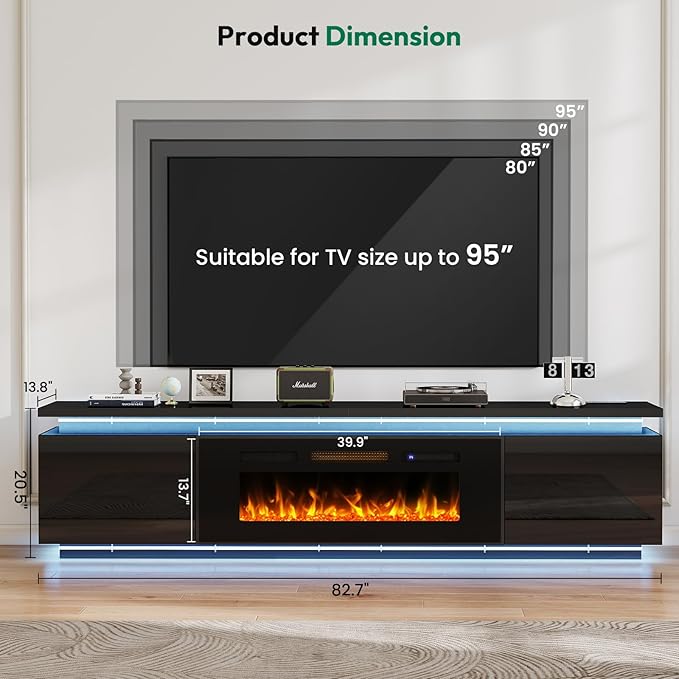 Fireplace TV-Stand with 40 Fireplace - 2 LED fire Place TV Stand for 90 95 Inch TVs - Entertainment Center with 4 AC Power Outlets - TV Consoles Stand for Living Room Gloss Black