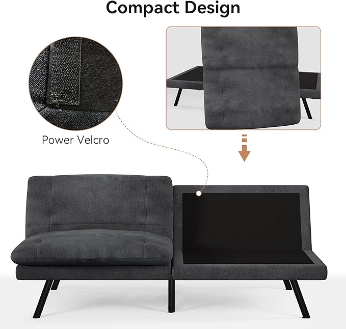 Futon Sofa Bed Convertible Couch Black Linen Sofa Bed with Adjustable Backrest Multifunctional Small Loveseat Sleeper Sofa for Living Room Apartment Office