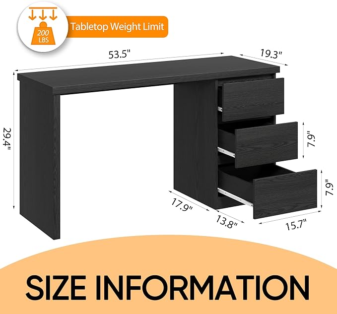 furtble Computer Desk with Drawers 53.5 inches Wood Work Desk Home Office Desks Workstation with Storage Modern Gaming Computer Table for Bedroom Living Room Black
