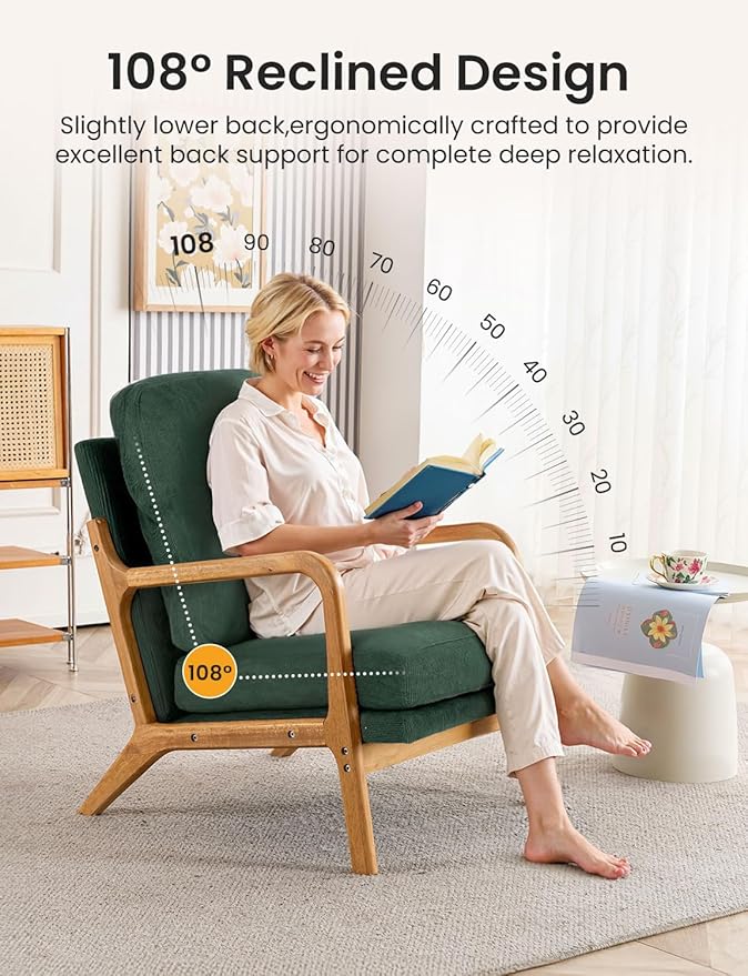 Mid Century Modern Accent Chairs for Living Room 23” Wide Comfy Chair for Bedroom Small Cozy Corduroy Reading Chairs for Adults 108° Lounge Arm Chair Indoor with Detachable Cover 5.5 Foam Cushion