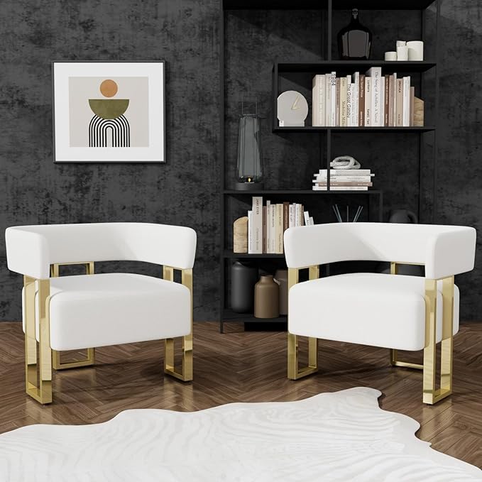 STHOUYN Modern White Accent Chair Set of 2 Boucle Barrel Chairs Set of 2 Arm Chairs for Living Room Bedroom (2 White)