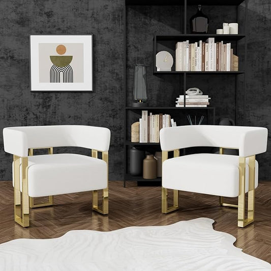 STHOUYN Modern White Accent Chair Set of 2 Boucle Barrel Chairs Set of 2 Arm Chairs for Living Room Bedroom (2 White)