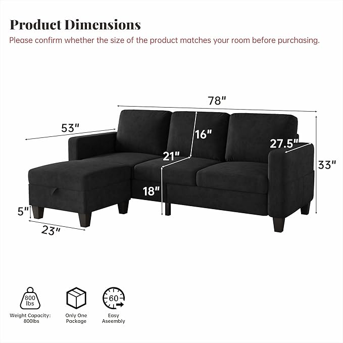 Velvet Small Sectional Couch L Shaped Sectional Black Couch in a Box Small Couches with Ottoman 3 Seater Sofa for Living Room Apartment Dorm Office