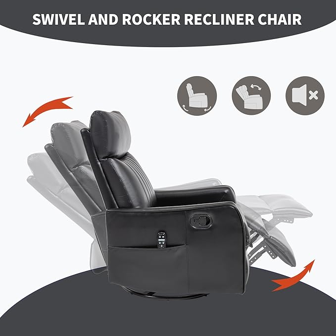 KEIKI Swivel Rocker Recliner Chair with Massage and Heated Pad for Living Room Synthetic Leather Glider with 360 Degree Rotation and Manual Recline