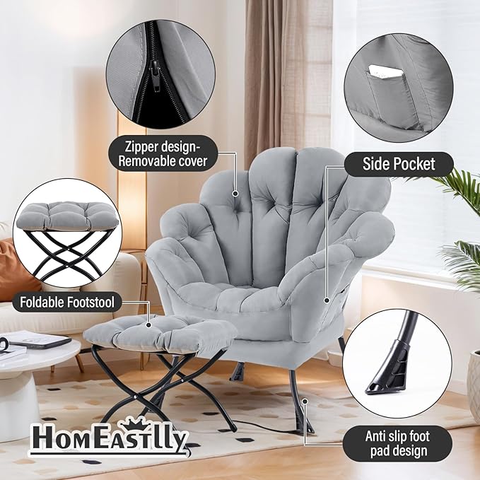 Lazy Chair With Ottoman Comfy Reading Lounge Accent Chair Leisure Floral Butterfly Armchair With Foding Footrest Wrapped Sturdy Soft Chair For Bedroom Dorm Room Living room（light grey）