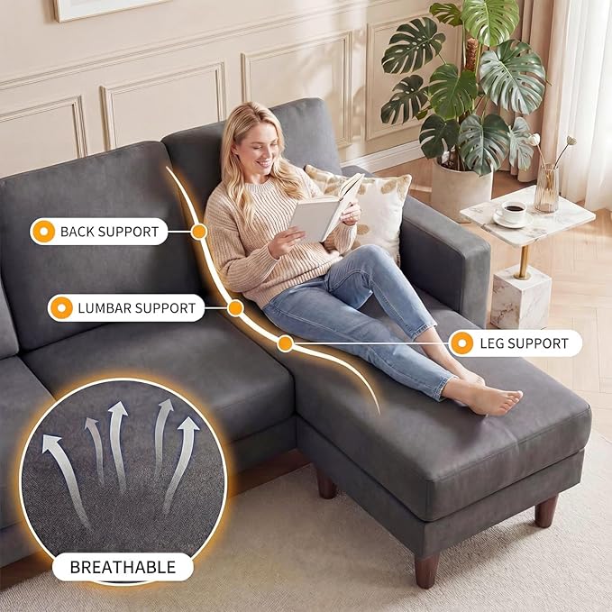 Homall 3 Seat Couch L Shape Sofa with Side Storage Pockage Sectional Couches with Reversible Ottoma Upholstered Sofa for Living Room and Small Spaces (Linen Fabric Graphite Grey)