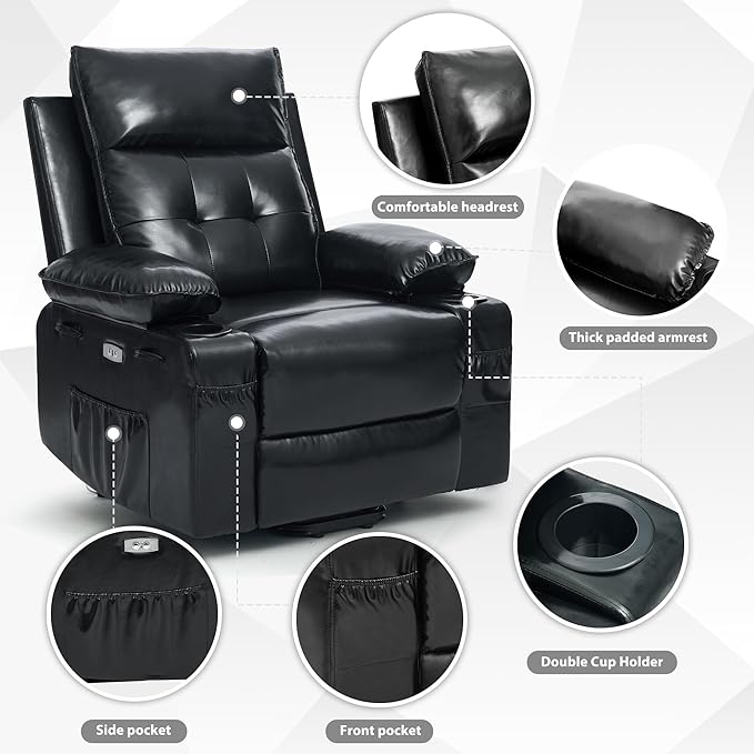 Power Lift Recliner Chair for Elderly with Massage &amp HeatPU LeatherElectric Recliner with USB PortsCup HoldersSide PocketsLift Chair for Living RoomBedroom