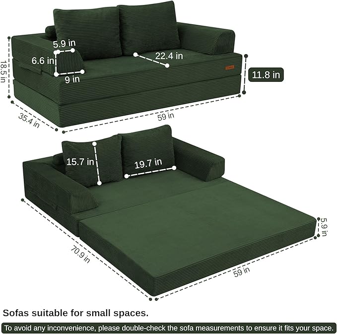 COMAX Convertible Sofa Bed Folding Floor Couch Corduroy Fold Out Couch Bed Futon Sleeper Mattress with Pillows Boneless Sofa Comfy Lounge Loveseat for Living Room Bedroom Green