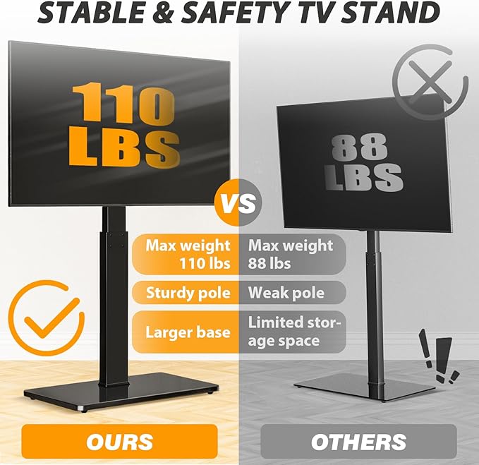 TAVR Universal Floor TV Stand Base for 32-75 Inch TVs up to 110 Lbs with Swivel Height Adjustable Mount Black Tempered Glass Base for Media Storage and Space Saving