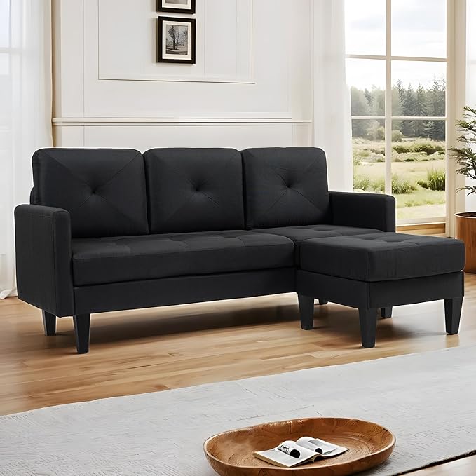 Small L Shape Couch 3 Seat Convertible Couch for Apartments with Ottoman Sectional Sofa for Small Spaces Black Modular Sleeper Sofa for Living Room Office