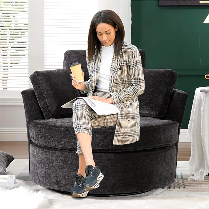 Oversized Swivel Barrel Chair Round Single Sofa with 3 Pillows Circle Accent Lounger Armchair Chairs for Bedroom Living Room Lounge Hotel (Black Chenille)