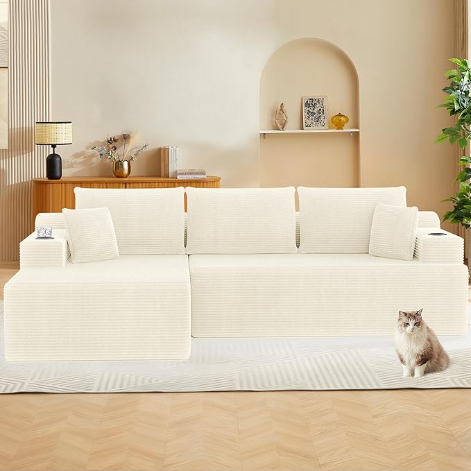 105 Modular Sectional Sofa L-Shaped Couch for Living Room Cloud Sofa with Deep Seat Memory Foam and Oversized Chaise Plush Corduroy Boneless Couches No Assembly Required White