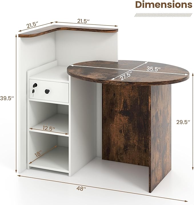Reception Desk Small Retail Checkout Counter with Lockable Drawer and Open Shelves Wooden Computer Workstation for Home Office Lobby White Oval Desktop &amp Brown Counter