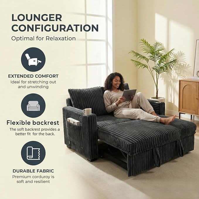 Dreamzie 53 Pull Out Couch 3 in 1 Convertible Sleeper Sofa Bed Corduroy Fabric Double Loveset with Pull Out Bed USB Port Side Pockets and Cup Holders for Living Room and Apartment Gray