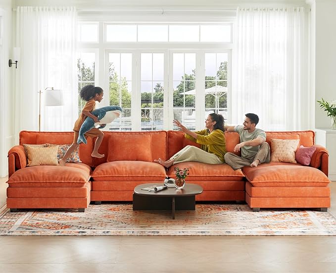 ELUCHANG 150 U Shaped Sectional Couch Comfy Cloud Modular Sectional Sofa with Movable Ottoman 6-Seat Deep Seat Modern Cloud Sofa Couches for Living Room Bedroom and Apartment Chenille Orange