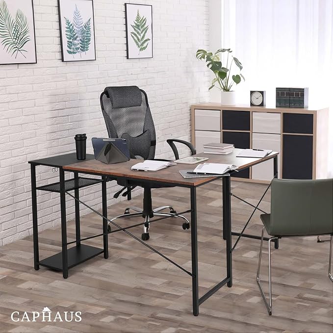 CAPHAUS 51 Inch L-Shaped Desk with 2-Tier Shelves &amp 220lbs Capacity - Home Office/Gaming/Study Corner Workstation Easy Assembly P2 Board Headphone Hook Industrial Design Rustic Oak and Black