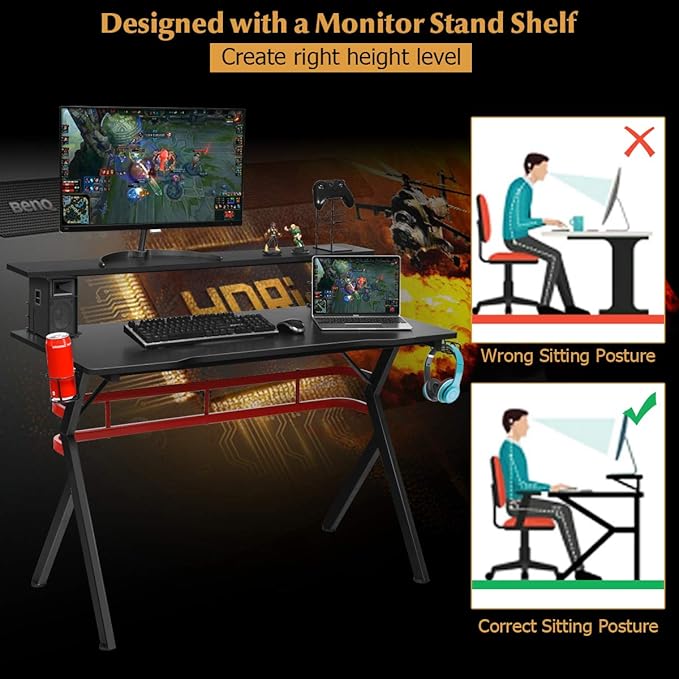 Tangkula Gaming Desk Professional Gamer Workstation with Cup Holder Headphone Hook Handle Rack Ergonomic PC Gaming Table with Monitor Stand E Sports Computer Desk Table for Home Office (Black)