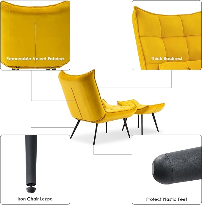 MCombo Accent Chair with Ottoman Modern Velvet Wingback Lounge Chair Upholstered Club Chair for Small Space Living Room &amp Bedroom 4079 (2 Yellow)