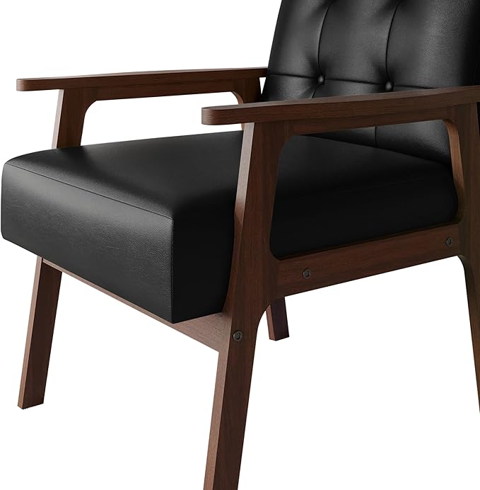 Accent Chair with Button-Tufted Polyurethane Upholstery Wooden Armrests Cushioned Seat Easy Assembly Black