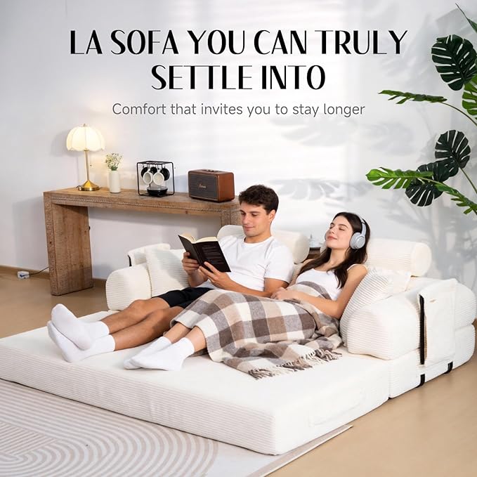 79 Corduroy Sofa Bed Sleeper Couch 6-in-1 Convertible Boneless Floor Futon Loveseat High-Density Foam Couch in a Box with 2 Headrest Pillows No Assembly Beige