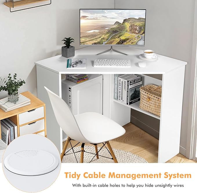 COSTWAY Corner Computer Desk Space-Saving Triangular Writing Desk w/ 2 Storage Shelves &amp 2 Cable Holes Multi-Functional Console Table for Small Space in Home Office Living Room Bedroom (White)