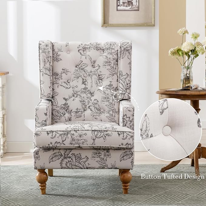 HEAH-YO Mid-Century Modern Accent Chair Upholstered Linen Living Room Chair with High Backrest Comfy Arm Side Chair for Bedroom Beige