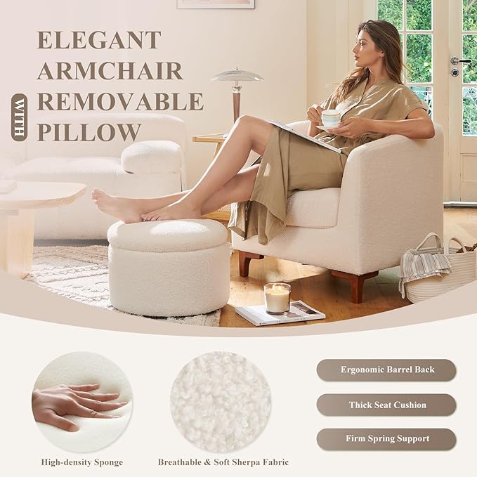COLAMY Sherpa Accent Chair and Storage Ottoman Set of 2 Modern Upholstered Living Room Chair with Foot Rest Armchair with Back Pillow and Wooden Legs for Living Room Bedroom Classic Cream