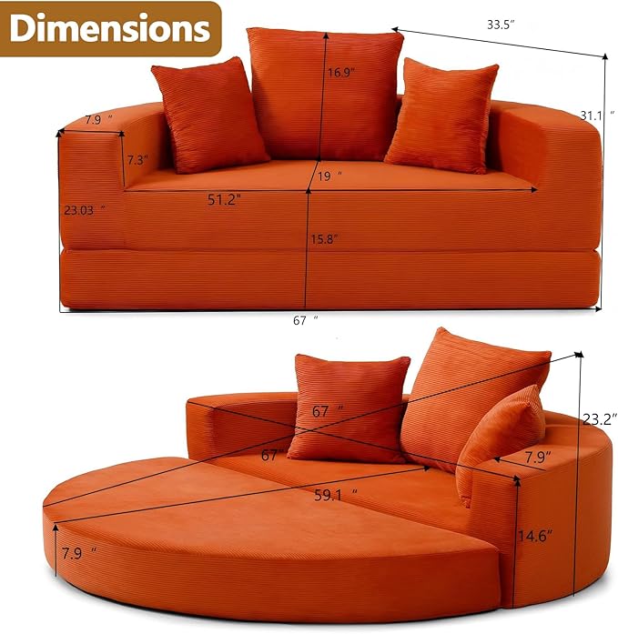 67” Foldable Couch Bed Corduroy Round Floor Couch with 3 Comfy Pillows 2 in 1 Convertible Sofa Bed for Living Room Apartment 380 LBS Capacity No Assembly (Orange)