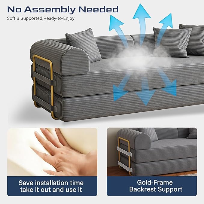Compression Sofa 75 inch Convertible Floor Sofa Bed 2-in-1 Foldable Frameless Sofa Memory Foam Mattress Corduroy Fabric Pulls Out Couch Suitable for Living Rooms 、Apartments Grey (2 Pillows)