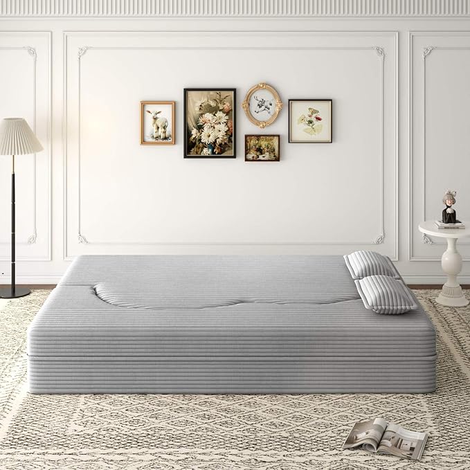 Modern 2-in-1 Convertible Sofa Bed 78 Full Size Corduroy Floor Sofa with 2 Pillows Folding Mattress Sleeper for Living Room &amp Guest Room No Assembly Required
