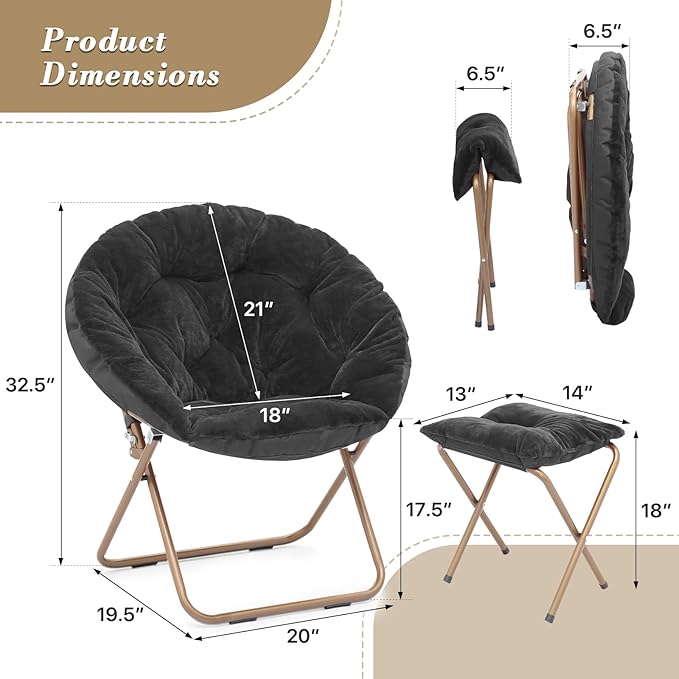 Athena Collection Round Saucer Chair with Ottoman Set for Adults Oversize Comfy Cozy Faux Fur Folding Reading Chair with Metal Leg Lazy Relaxing for Living Room Bedroom Dorm Apartment Black