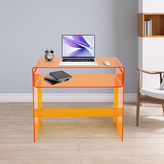 Modern Acrylic Computer Desk 33.5W x 15.8D x 29.5H inches Clear Orange Study Table with Baffle and Removable Divider Minimalist Home Office Desk for Holding Laptops Books and Other Office Supplies