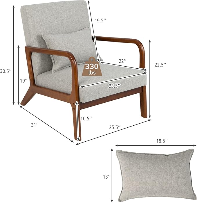 GORELAX Mid Century Modern Accent Chair Upholstered Lounge Armchair with Wood Frame &amp Lumbar Pillow Comfy Reading Chair for Living Room Bedroom Office (1 Grey)