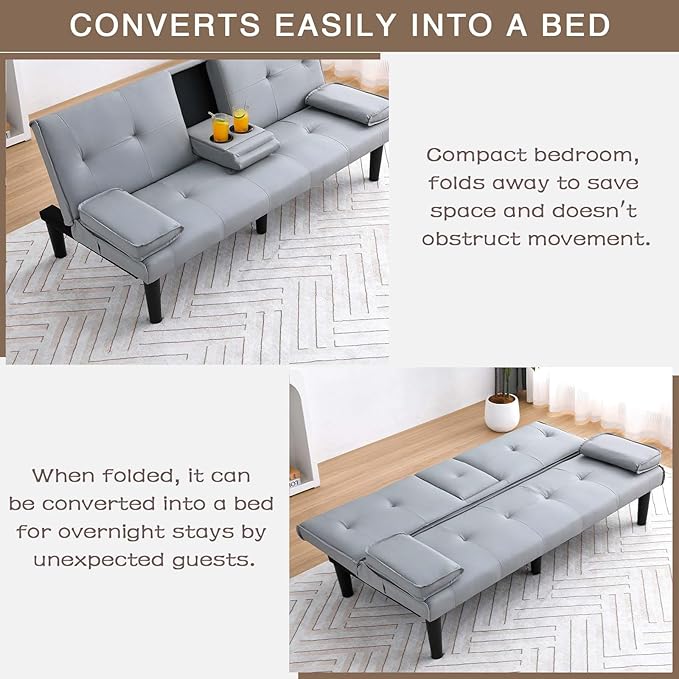 67 Futon Sofa BedConvertible Sofa Bed with 2 Cup HoldersSleeper Couch PVC Leather Removable Soft Armrest Small Couch for Living Room Apartments ﻿ (Light Gray)