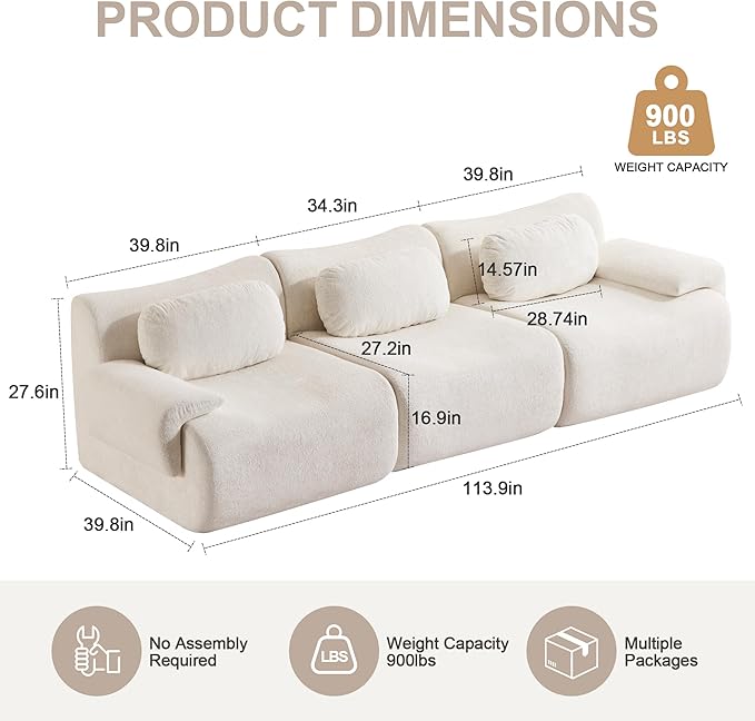 Multiple Modular Boneless Couches for Living Room Cloud Sectional Sofa with Comfy Deep Seat Oversized 3 Seater Couch for Bedroom Apartment No Assembly 3 Modules Combined Beige