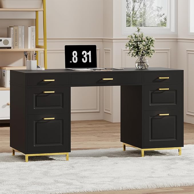 Black Desk with 7 Drawers 57 Executive Desk with Storage Black and Gold Desk for Home Office Makeup Vanity Desk with Golden Handle