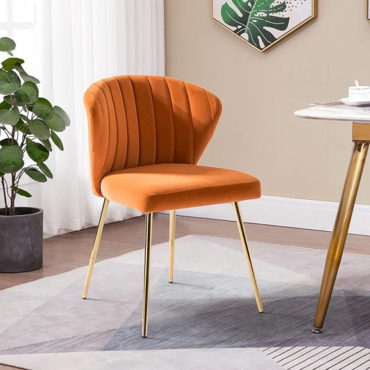 HULALA HOME Velvet Dining Chair Cute Armless Accent Chair Living Room Chair with Golden Legs Mid Century Modern Upholstered Side Chair for Kitchen Vanity Orange