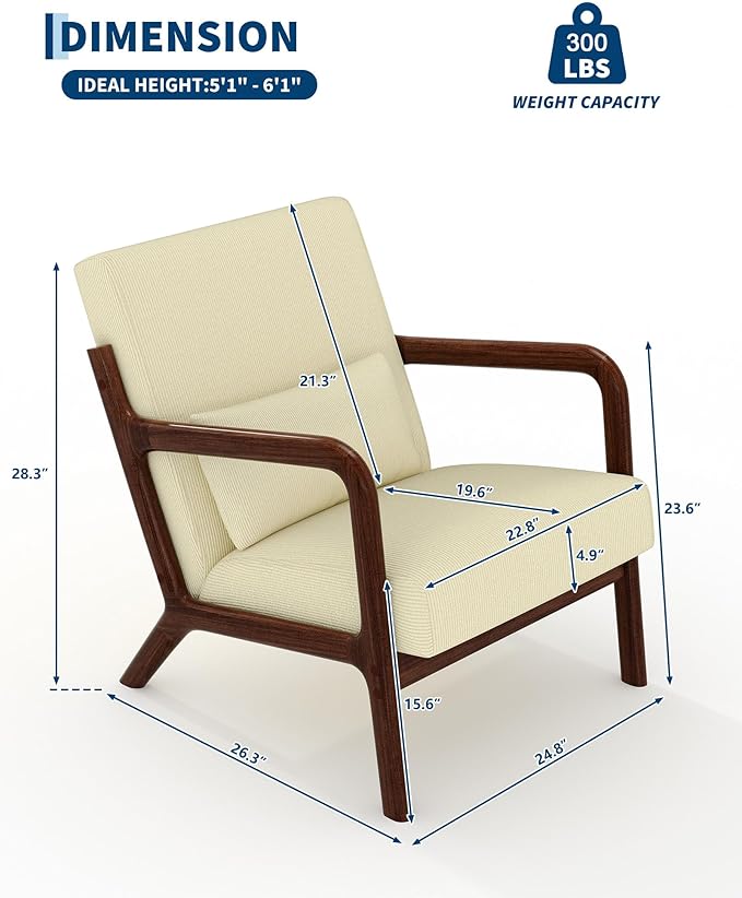 Garvee Mid-Century Modern Accent Chair Fine Wale Corduroy Upholstery Solid Wood Armchair with Removable Lumbar Pillow Sturdy Reading Chair for Living Room Bedroom Guest Room Easy Assembly Beige