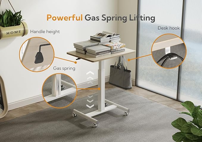 YDN Mobile Mobile Standing Desk Adjustable Height Portable Laptop Desk with Lockable Wheels 25.5 x 18.8 Rolling Desk with Hook for Computer Workstation Natural