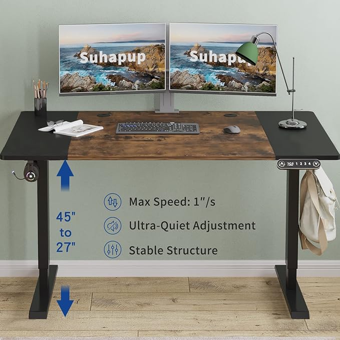 Electric Height Adjustable Standing Desk 63 x 30inches Height Adjustable Computer Desk Sit Stand Desk Home Office Desks with Splice Board