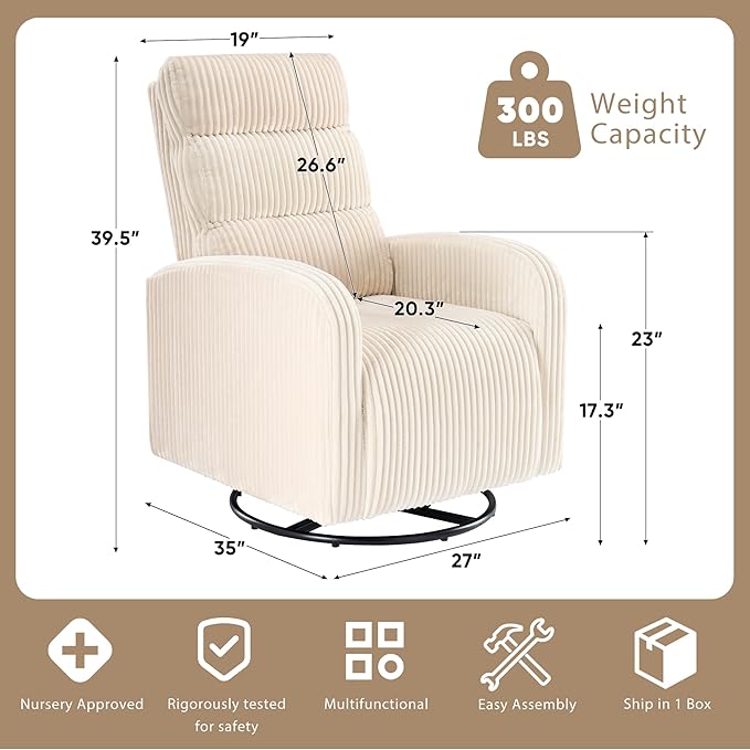 Swivel Rocker Chair 360° Swivel Rocker Chairs with High Back Arms Rocking Lazy Boy Chairs Upholstered Swivels Corduroy Glider for Living Room Bedroom Nursing Beige
