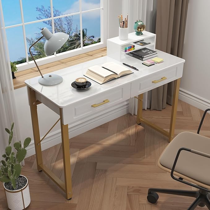 WESTREE Modern Makeup Vanity Desk with Glossy DesktopBedroom Home Office Writing Desk with Drawers Storage Shelf Gold Metal Frame for Dressing Table Without Mirror
