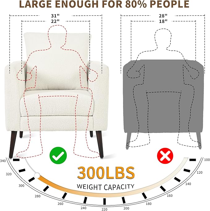 Barrel Accent Chair Set of 2 with Back Pillow Large Teddy Upholstered Armchair with Solid Wood Legs Modern Reading Chairs for Living Room Bedroom