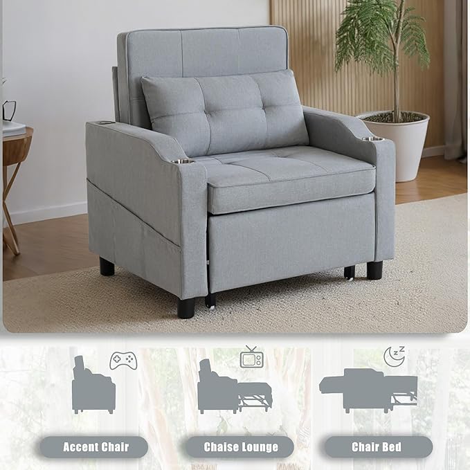 Sleeper Chair 5-in-1 Convertible Chair Bed Pull Out Adjustable Single Armchair Sofa Bed with USB PortsSide PocketCup Holder (Grey)