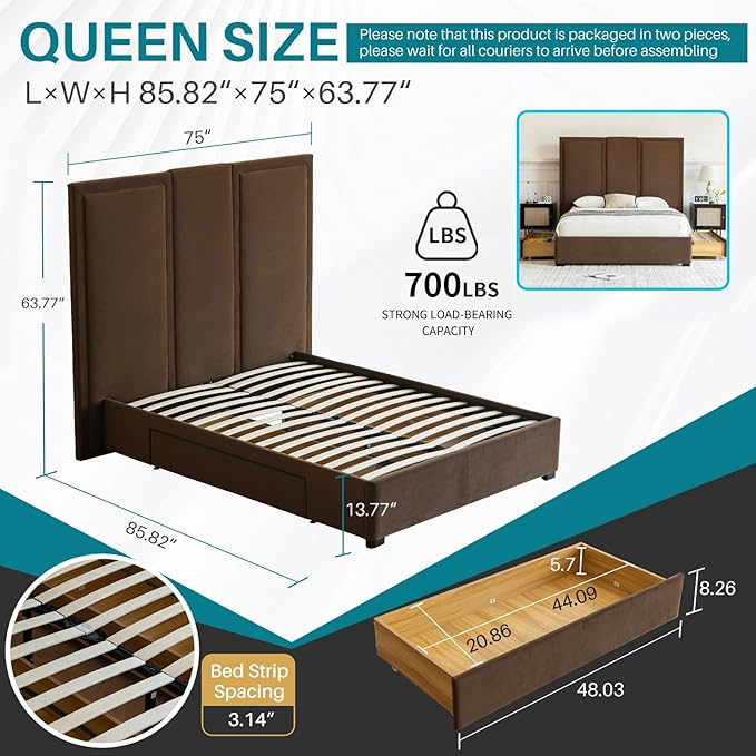 YUHUASHI Queen Size Bed Frame with 64-inch High Headboard Simple and Airy Linen Upholstered Platform Bed with Storage Drawers Wood Slat No Noise (Brown Queen)